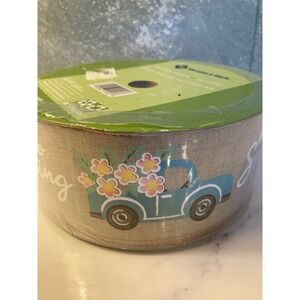 Member's Mark Hello Spring Blue Truck Wired Edge Ribbon 50 Yards Burlap Style